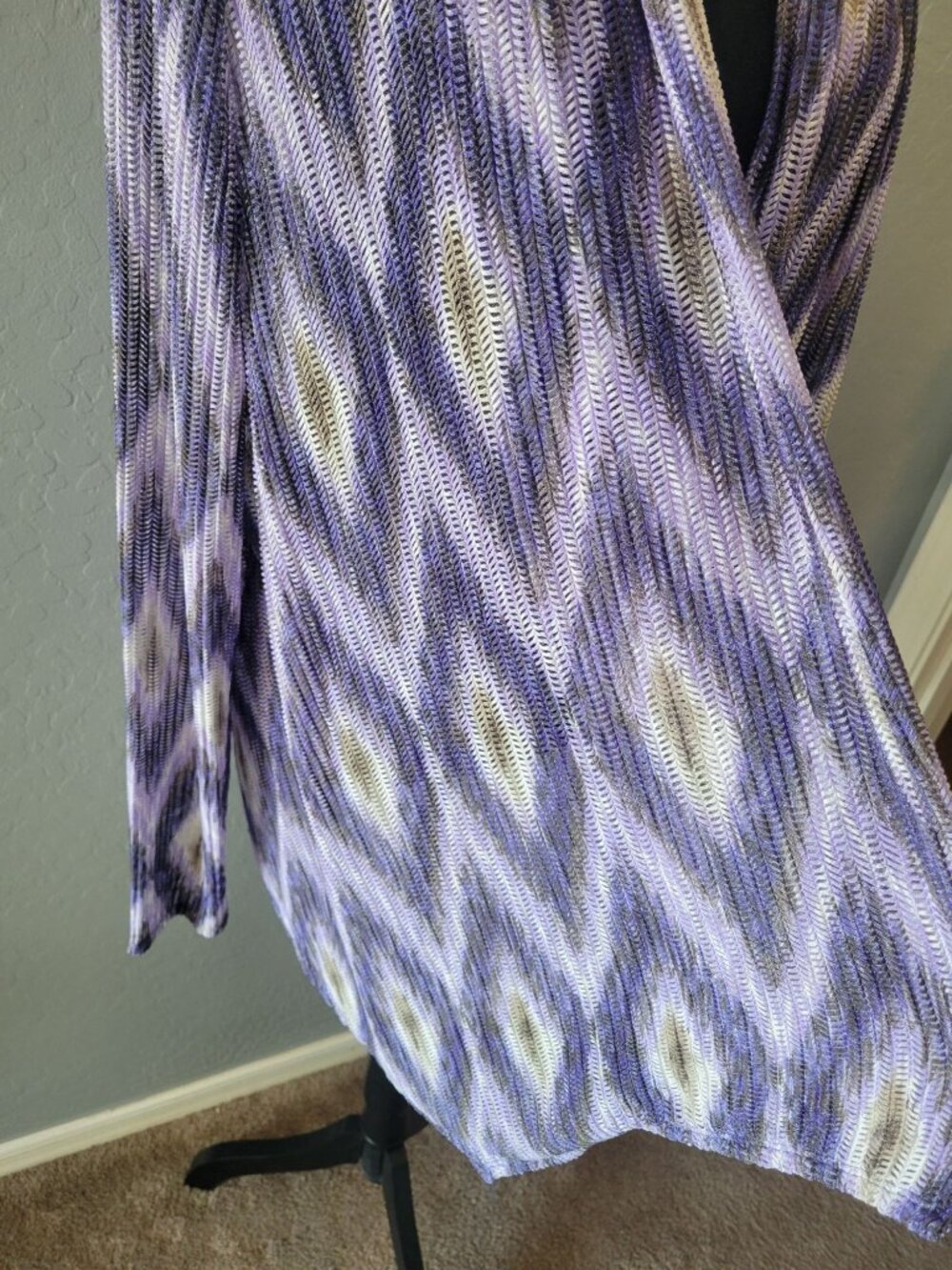 Chico's Purple & White Ikat Geometric Mesh Open Front Cardigan Size 3 (XL) - Picture 3 of 10